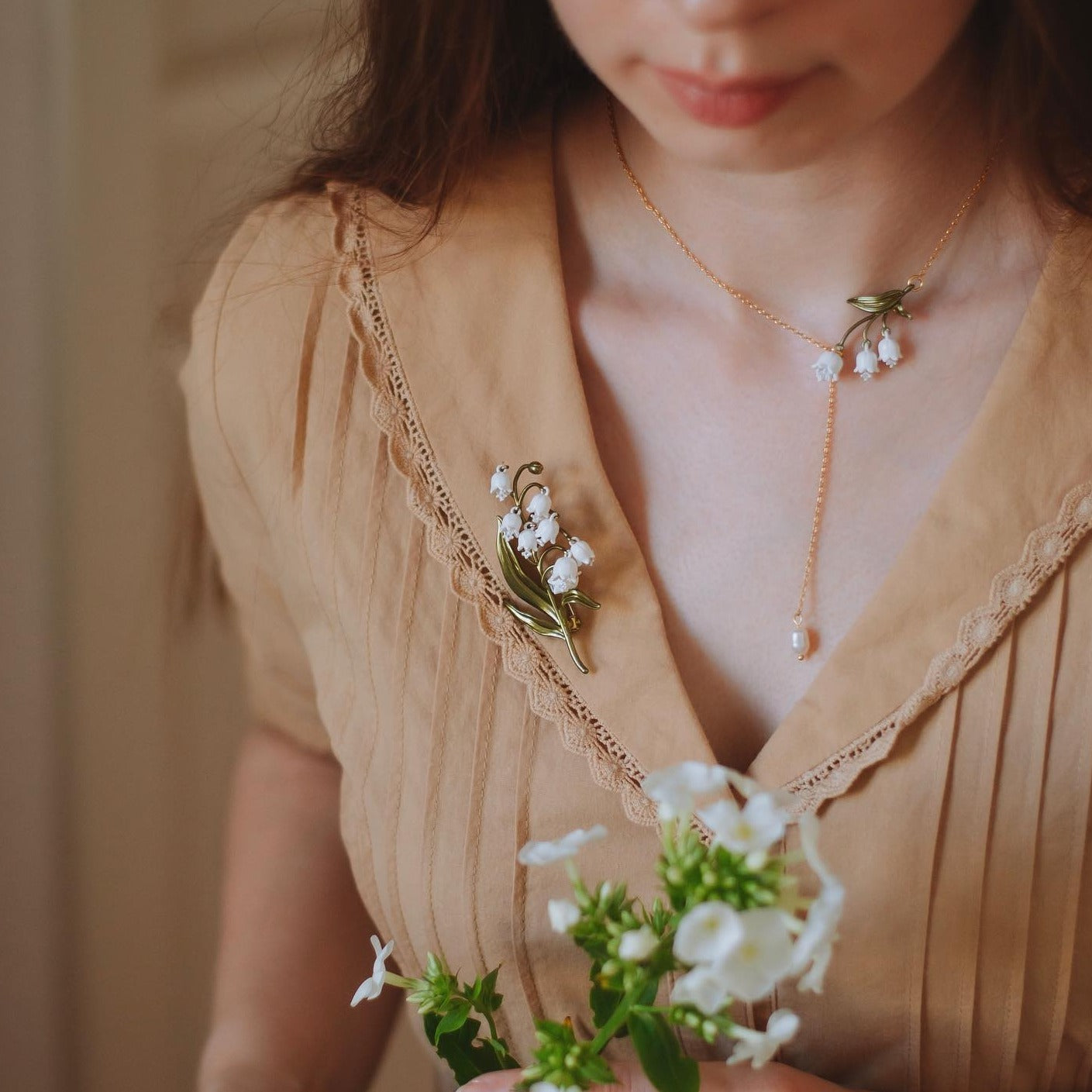 Lily Of The Valley Enamel Necklace and Brooch