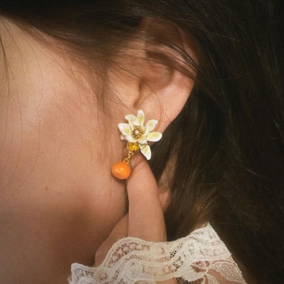 Orange Flower Stud Gem Earrings