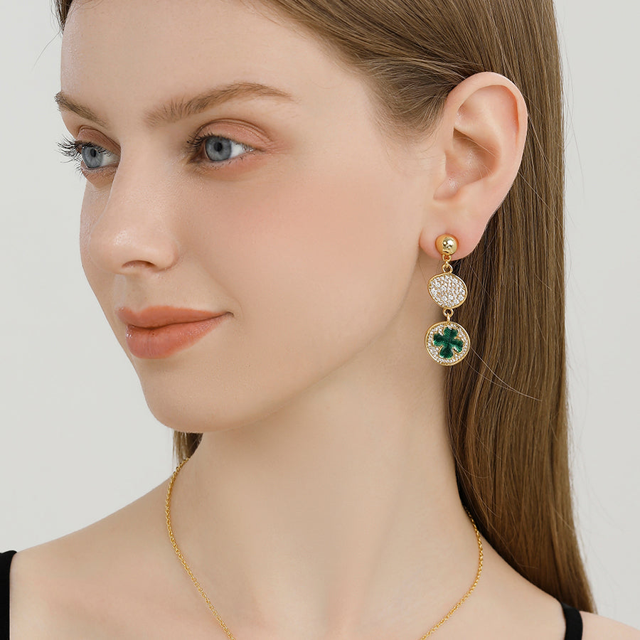 Four leaf Clover Coin Post Gold Earrings