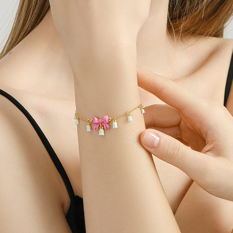 Lily Of The Valley Pink Bowknot Gold Charms Bracelet