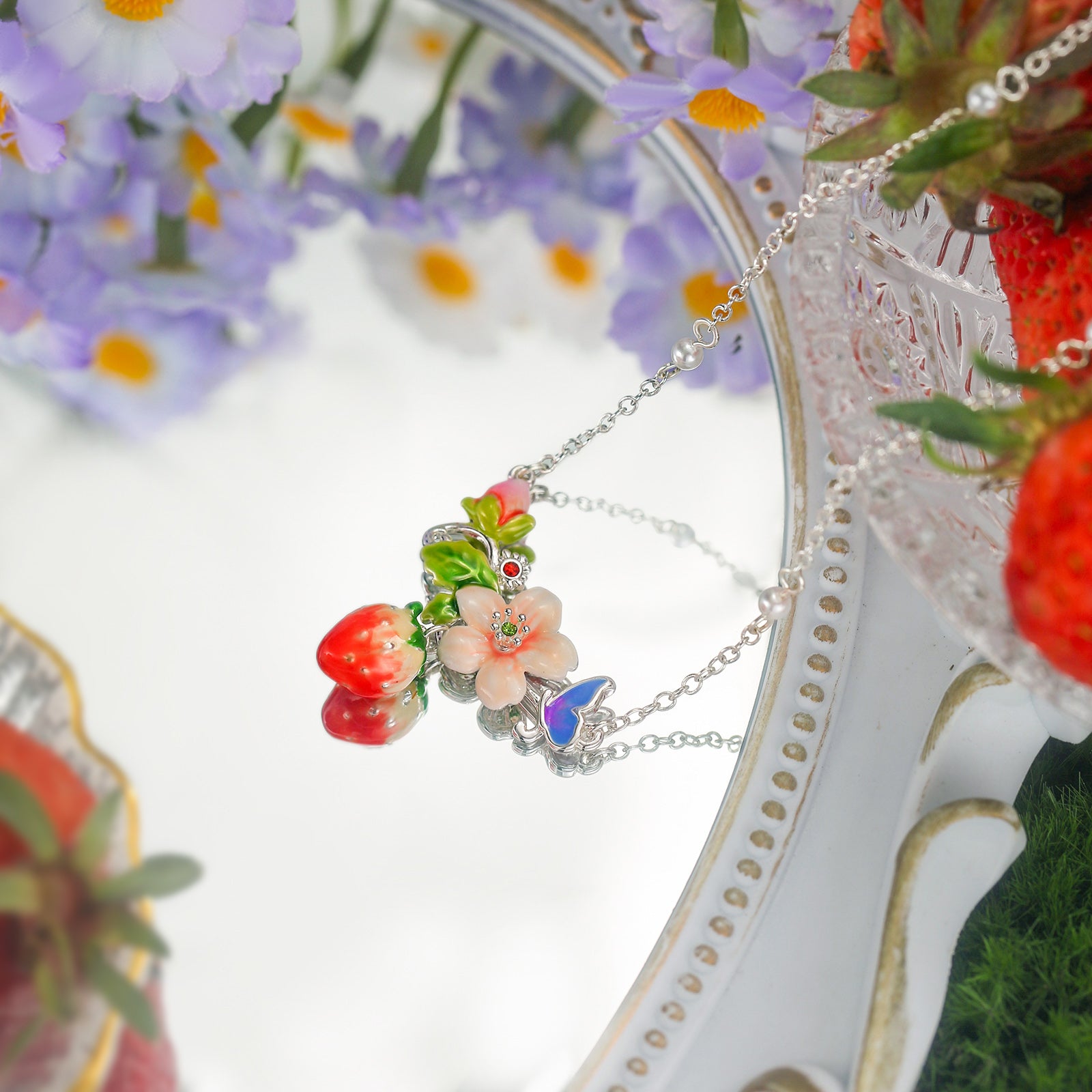 Strawberry Enamel Flower Necklace