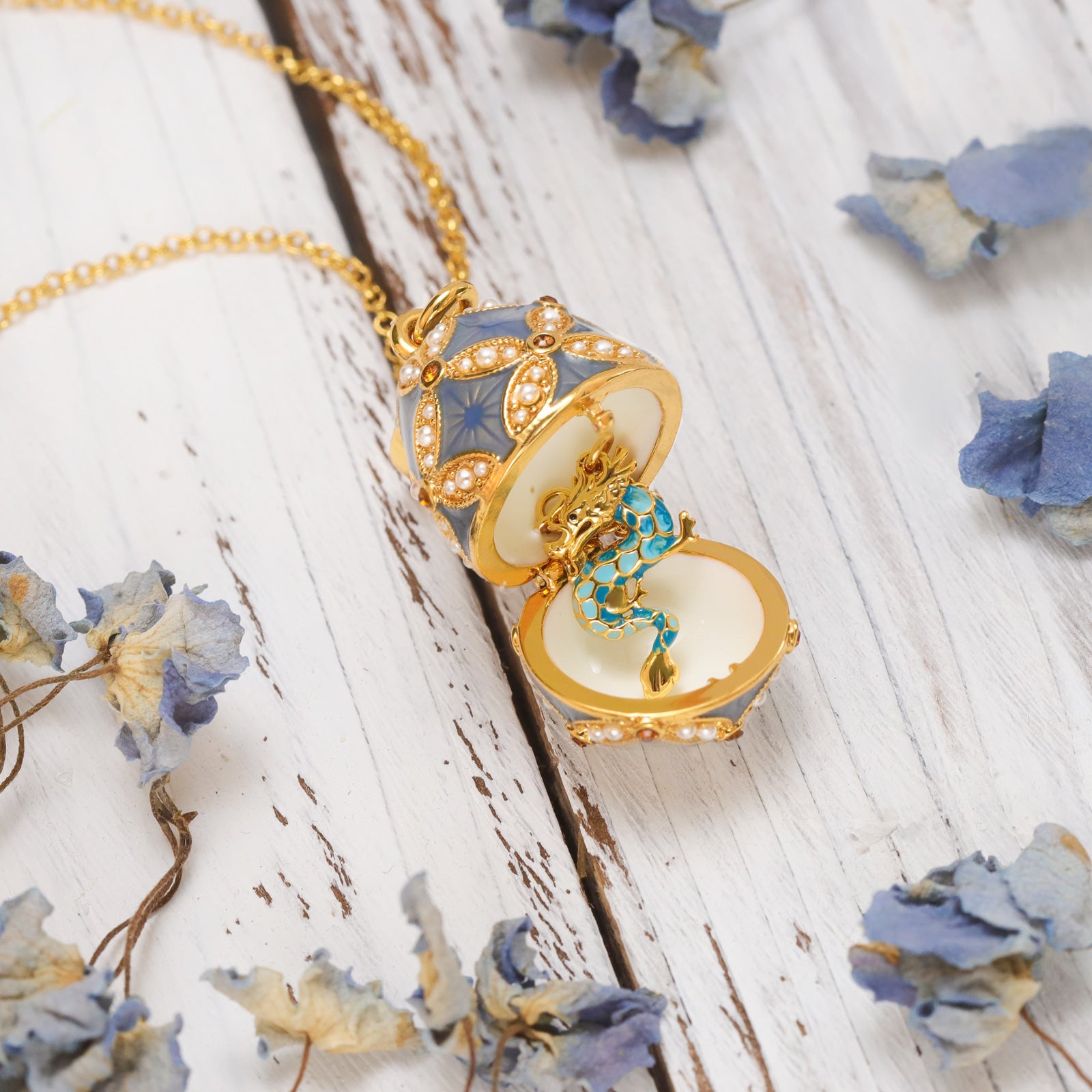 Gold Dragon Egg Locket Pendant Necklace 