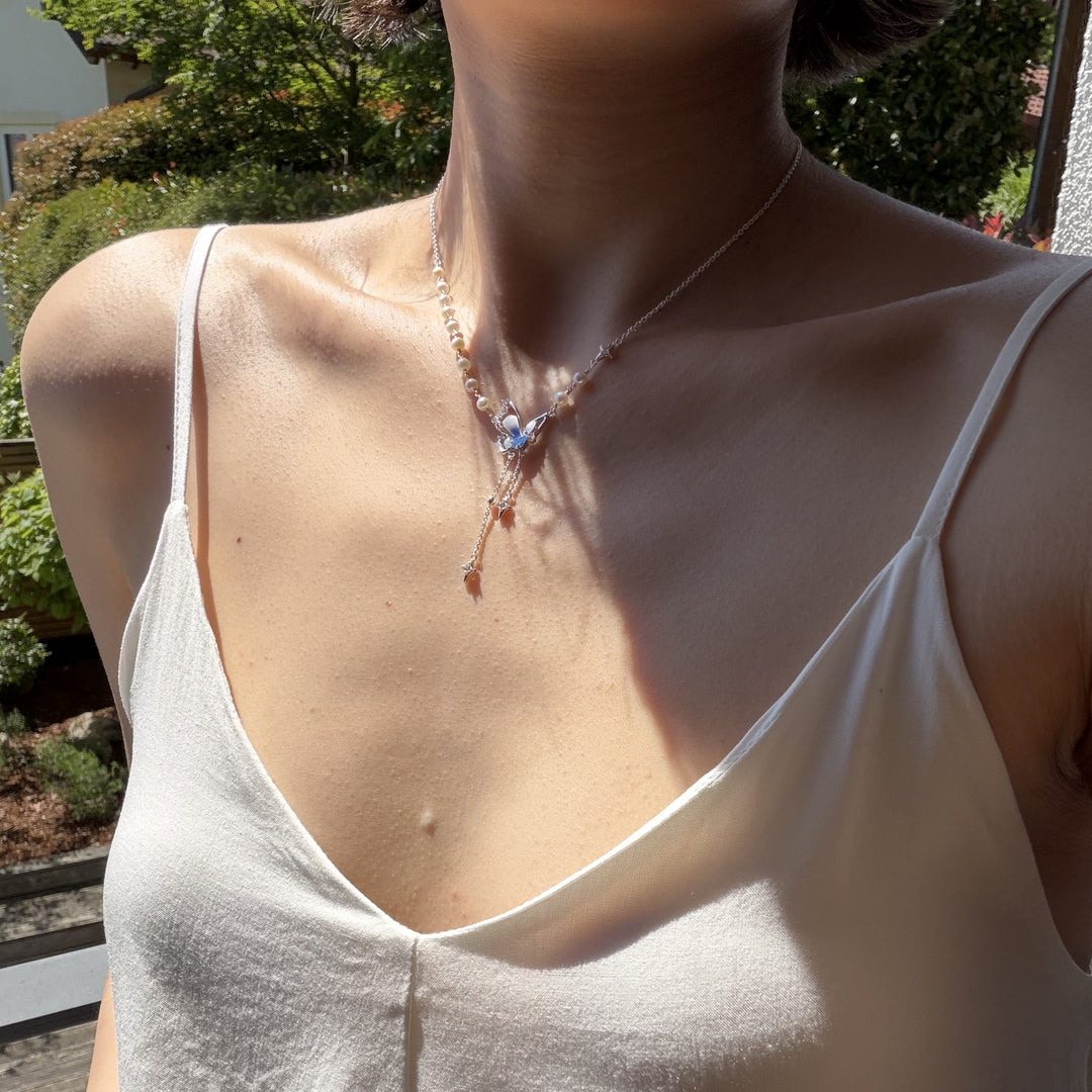Selenichast Silver Butterfly Pearl Pandent Necklace