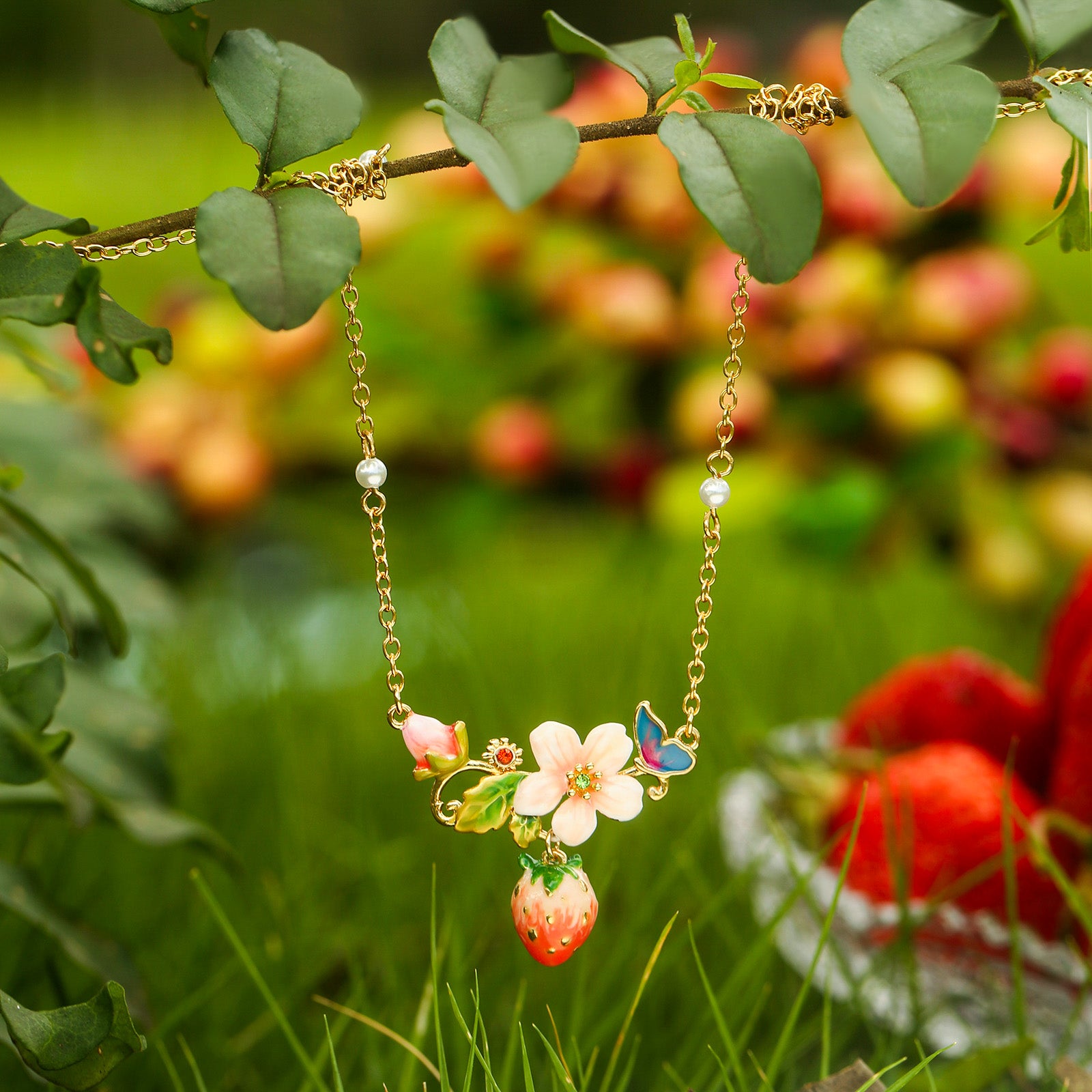 Strawberry Enamel Flower Necklace
