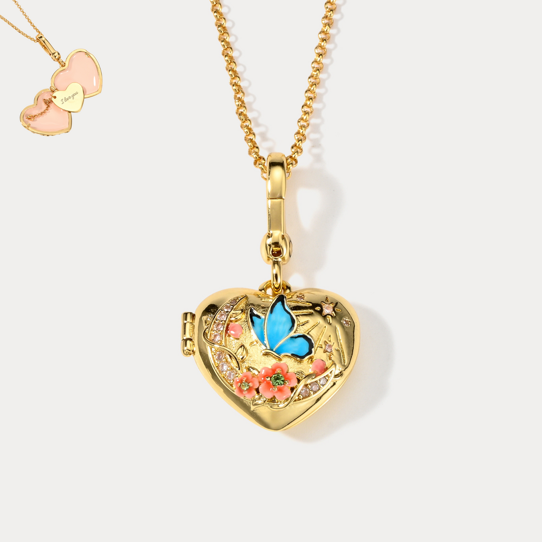 Butterfly Moon Heart Locket Necklace
