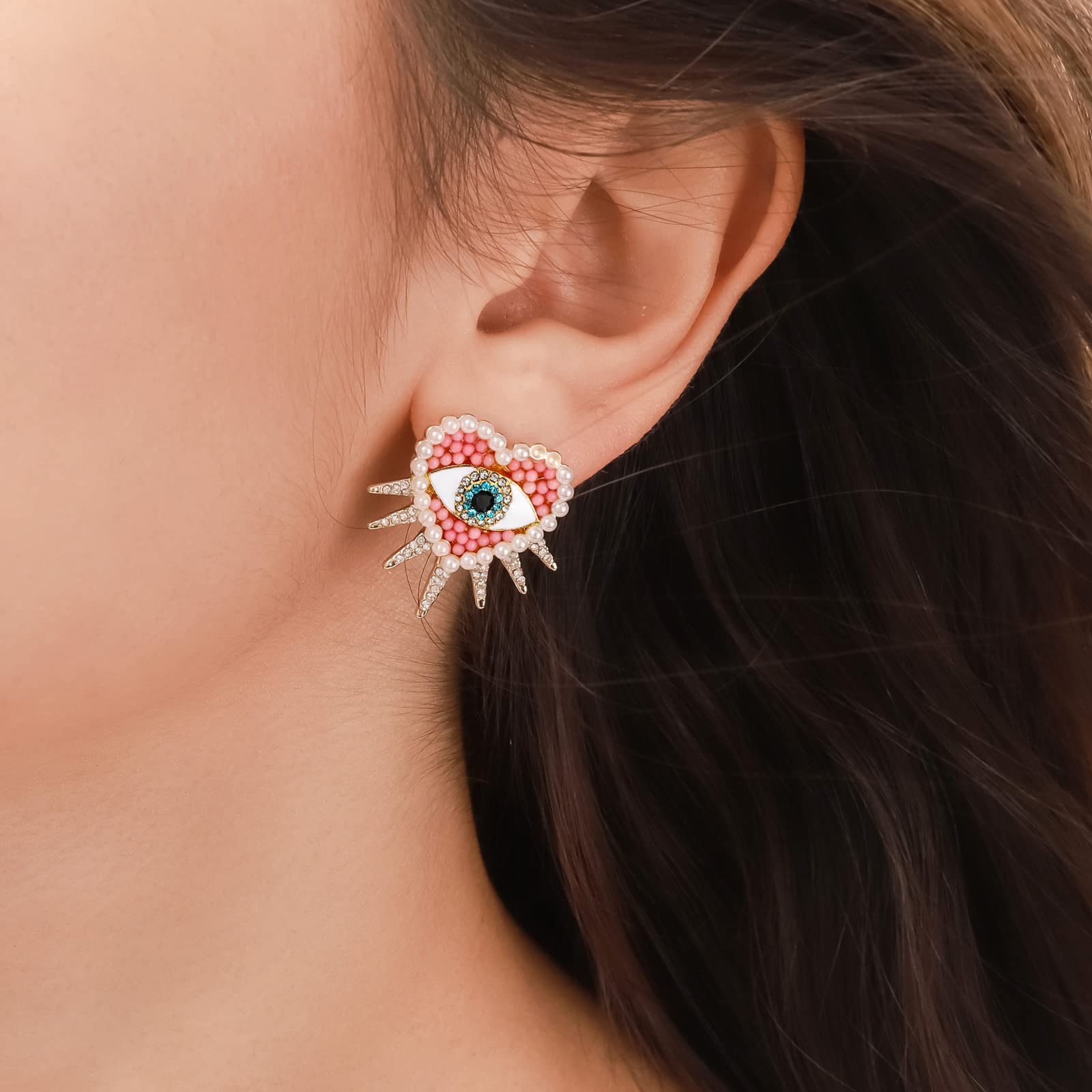 Pink Heart Sun Diamond Evil Eye Beads Earrings