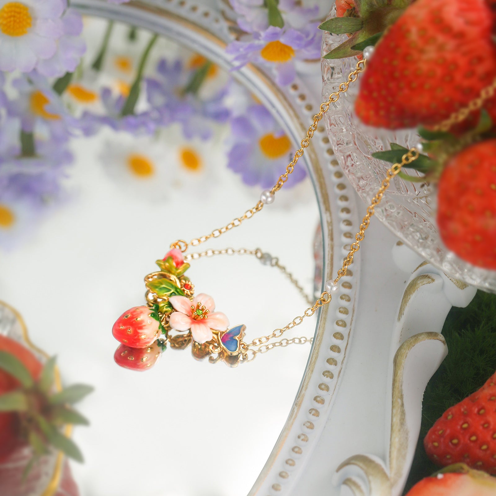 Strawberry Enamel Flower Necklace