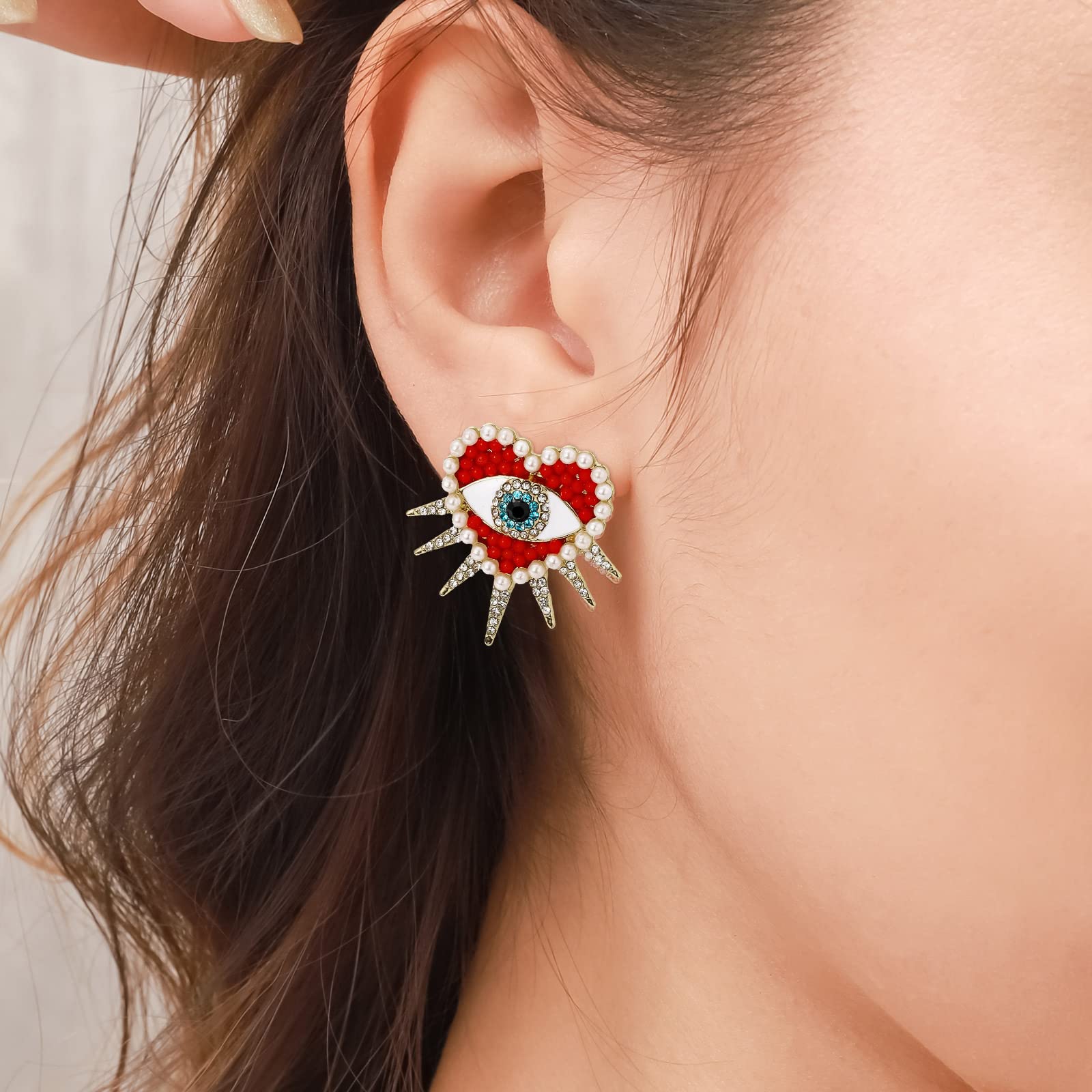 Red Heart Sun Diamond Evil Eye Beads Earrings