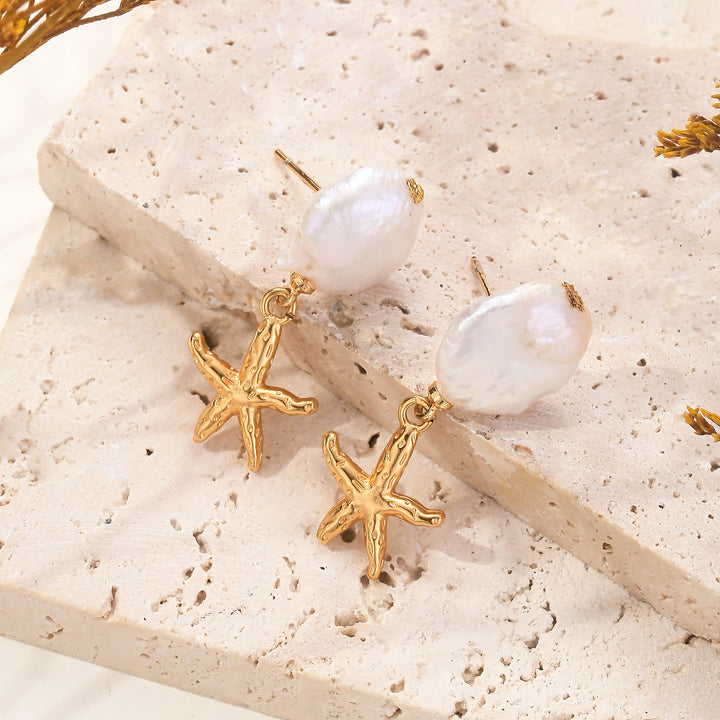 Gold Starfish Pearl Earrings