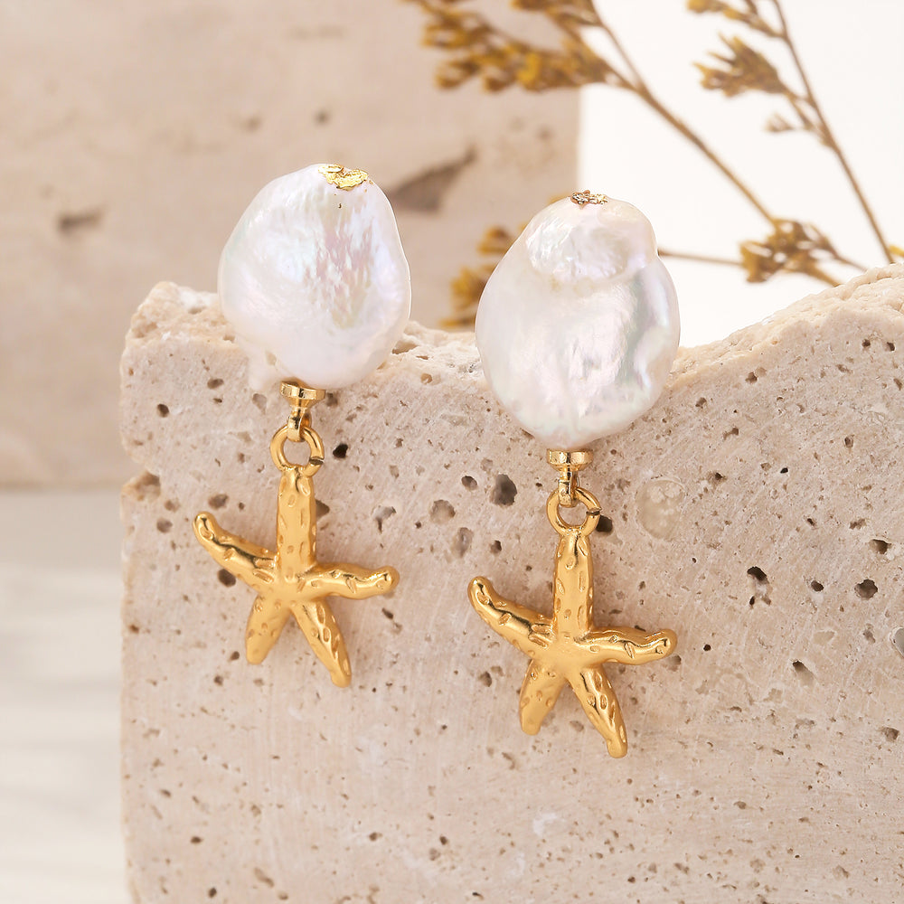 Selenichast Gold Starfish Pearl Earrings