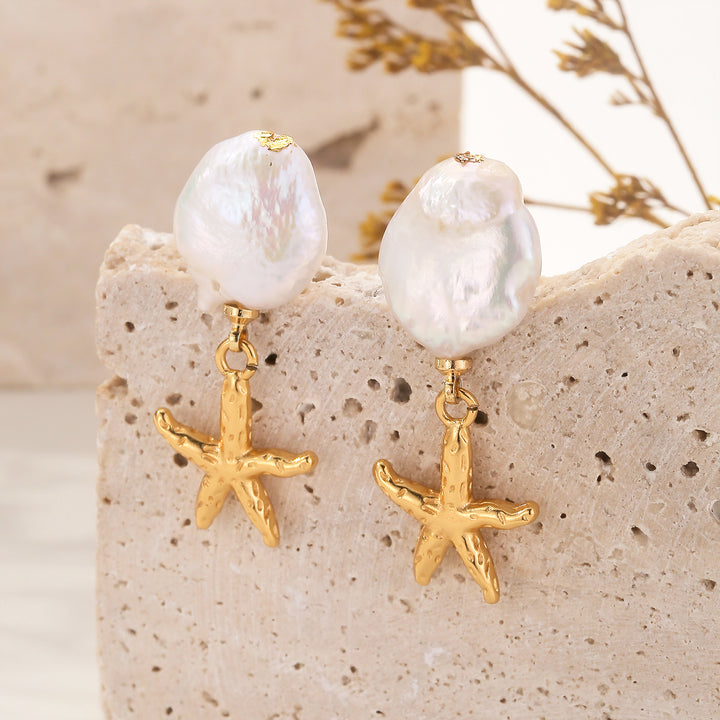 Selenichast Gold Starfish Pearl Earrings