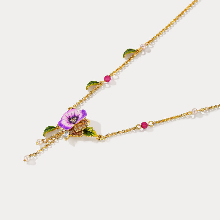 Enamel Purple Pansy Necklace Spring Gift 