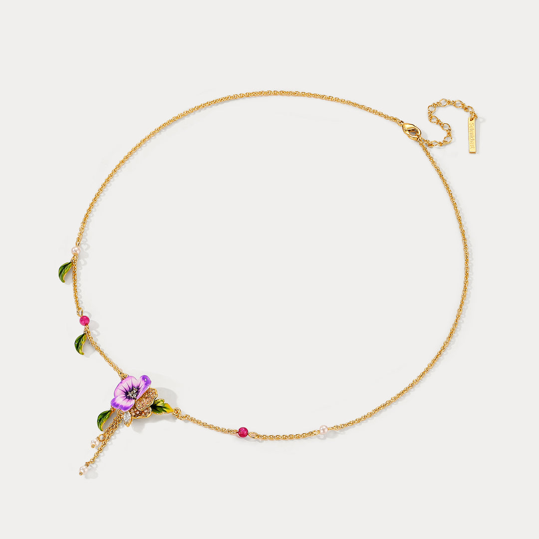 Enamel Purple Pansy Necklace Gift for Her