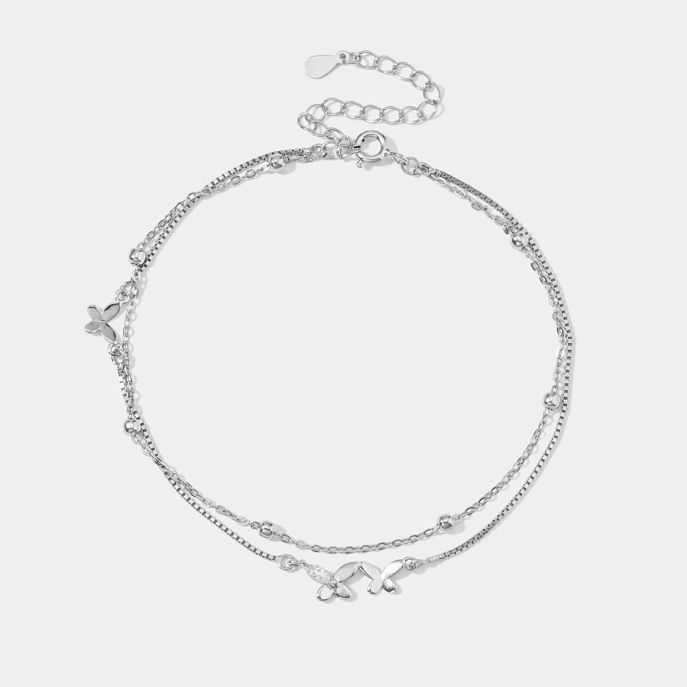 Selenichast 925 Sterling Silver Multi Layer Butterfly Anklet