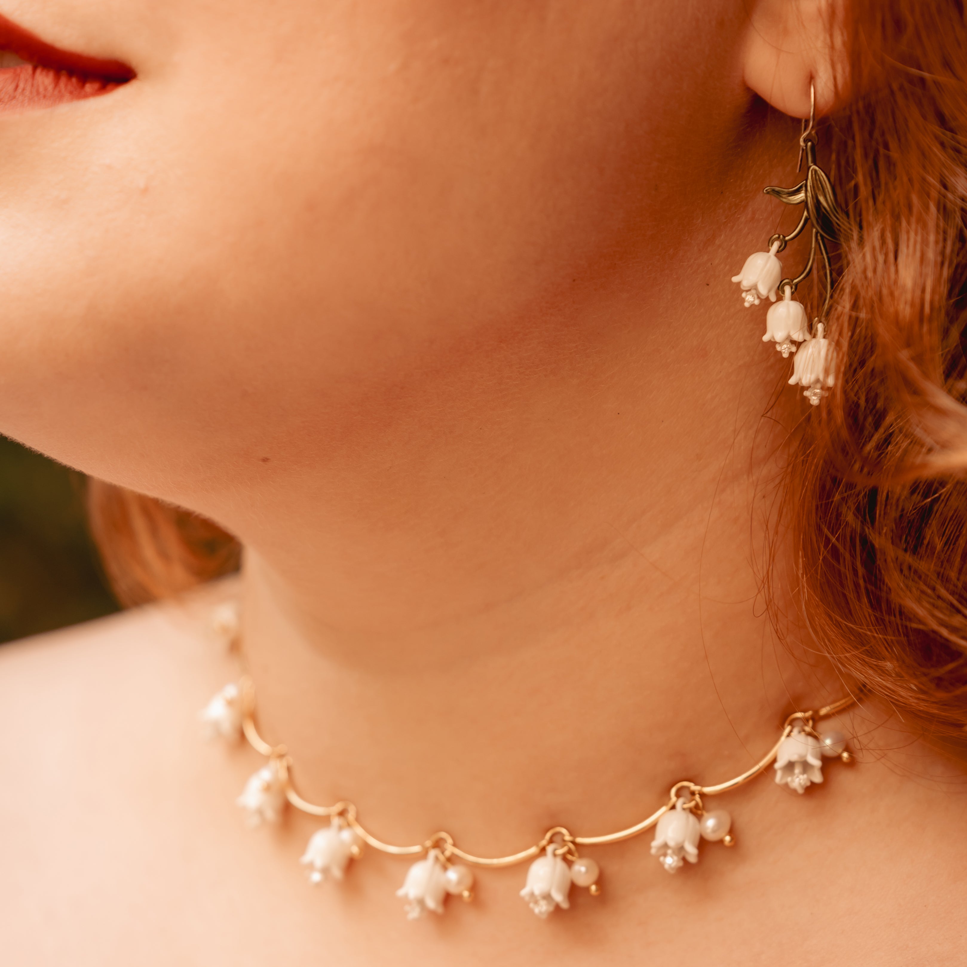 Lily Of The Valley Earrings and Gold Necklace