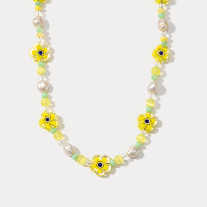 Selenichast Pearl Yellow Flower Beaded Necklace