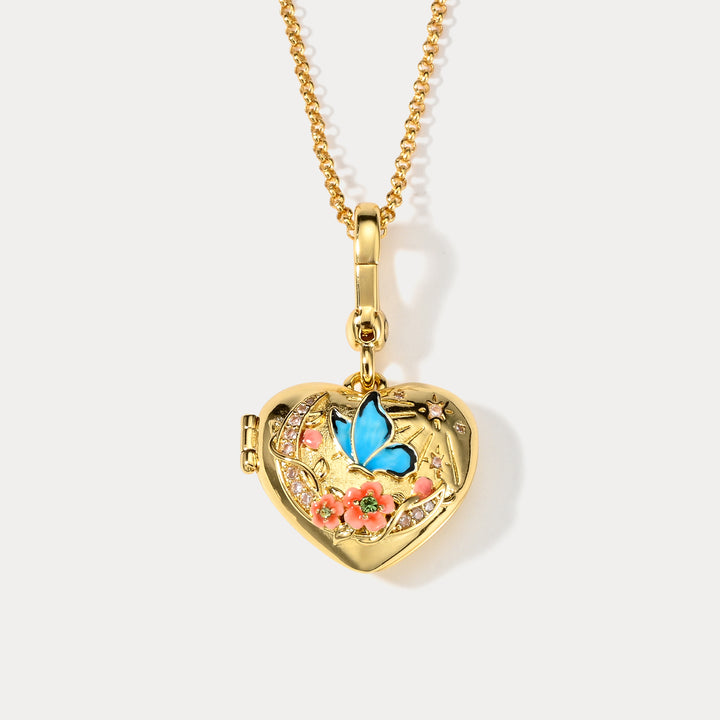 Butterfly Moon Heart Locket Necklace
