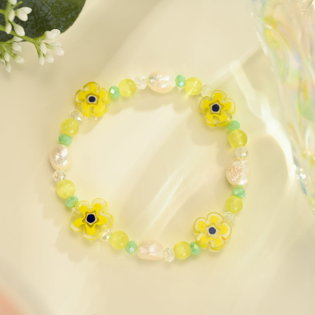 Pearl Yellow Flower Beaded Bracelet