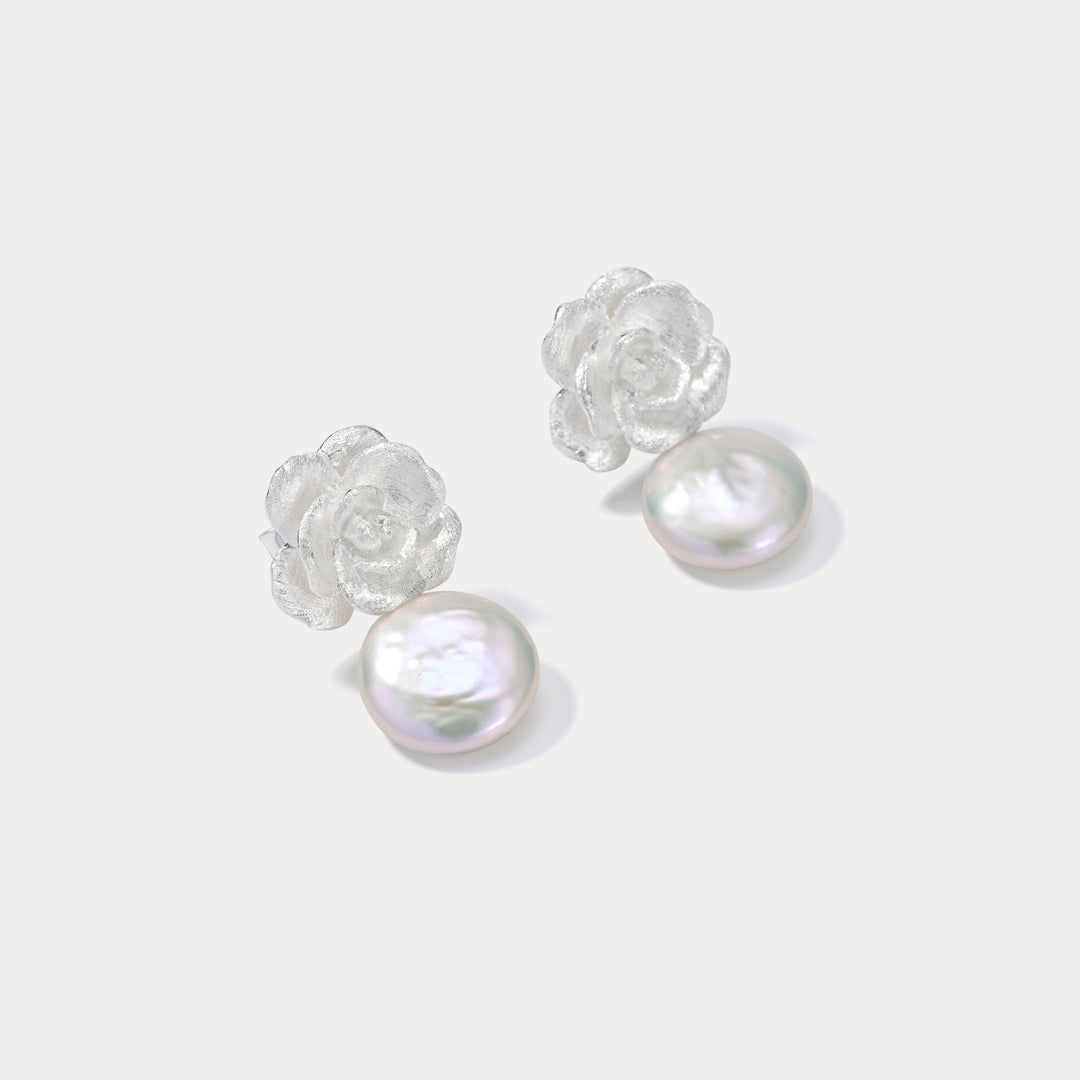 Selenichast Silver Camellia Earrings