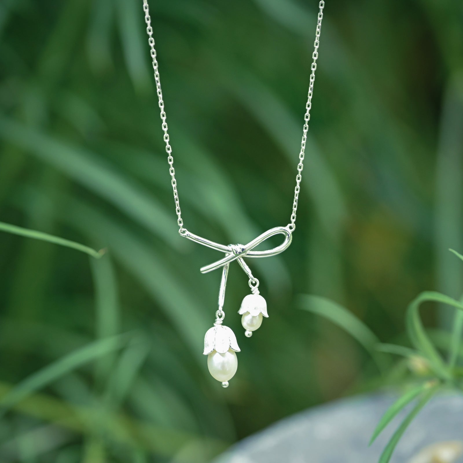 Silver Lily Of The Valley Bow Necklace
