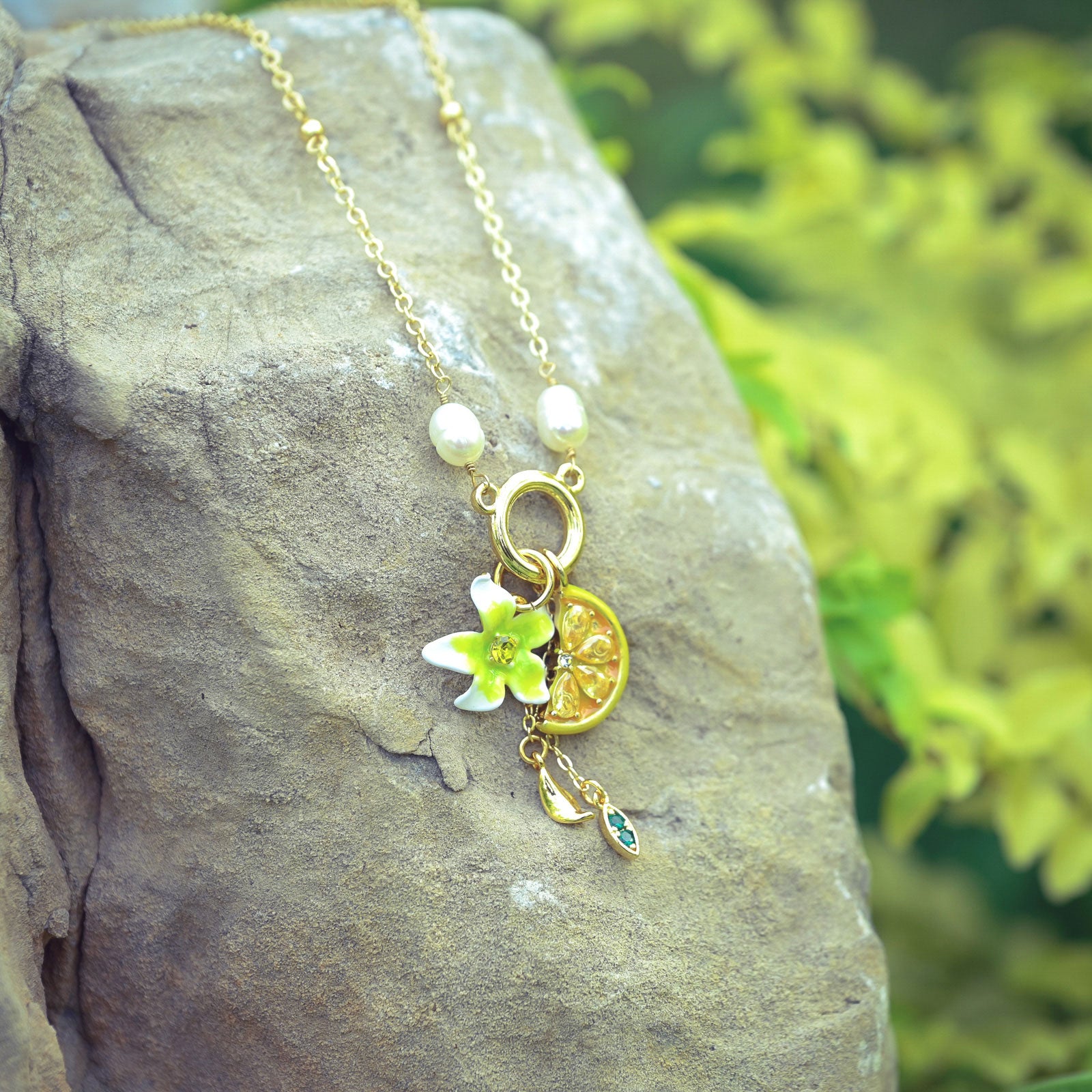 Lemon Quartz Necklace | Lemon And Flower Necklace | Lemon Slice