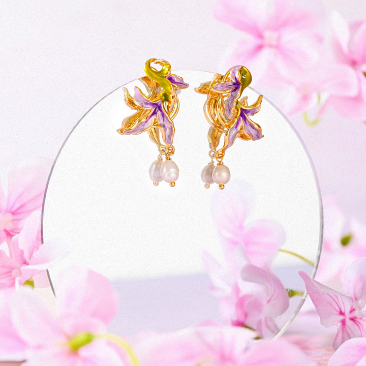 Purple Iris Flower Pearl Earrings