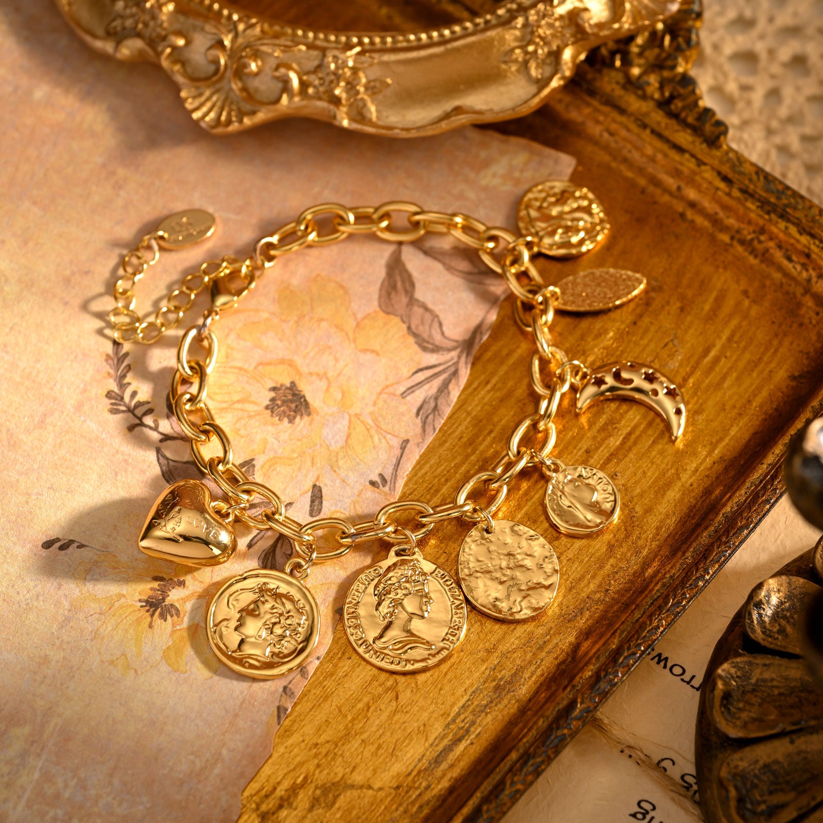 Gold Victorian Moon Love Charm Bracelet