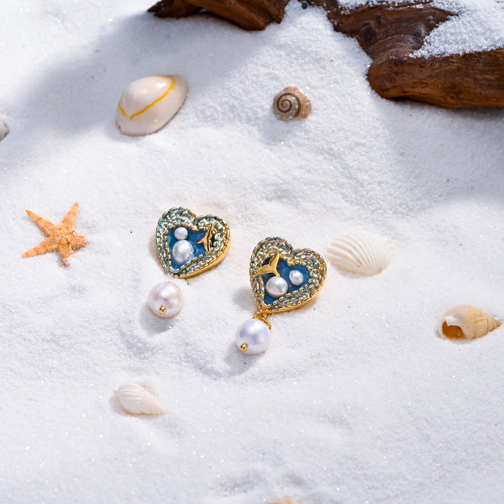 Dainty Mermaid Tail Heart Earrings with Pearl