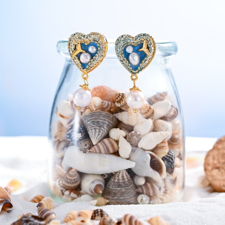 Delicate Mermaid Tail Heart Earrings with Pearl