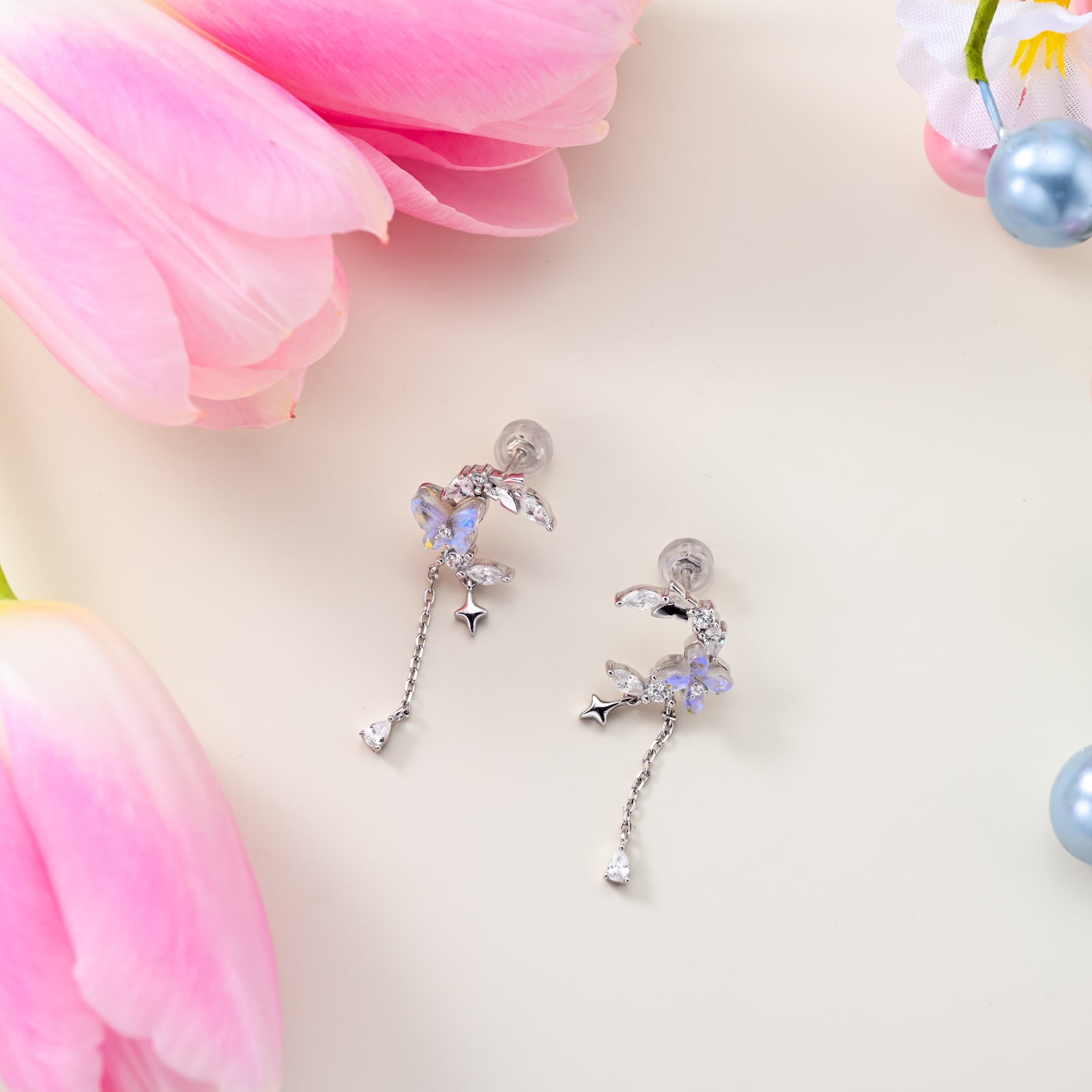 Selenichast Flower and Butterfly Silver Earrings