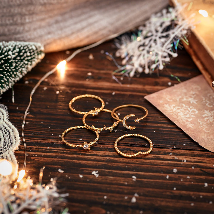 Gold Moon and Star Ring Set