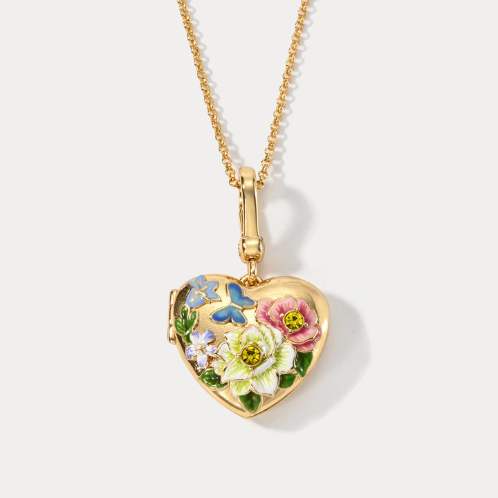 Selenichast Flower Heart Shaped Locket Necklace