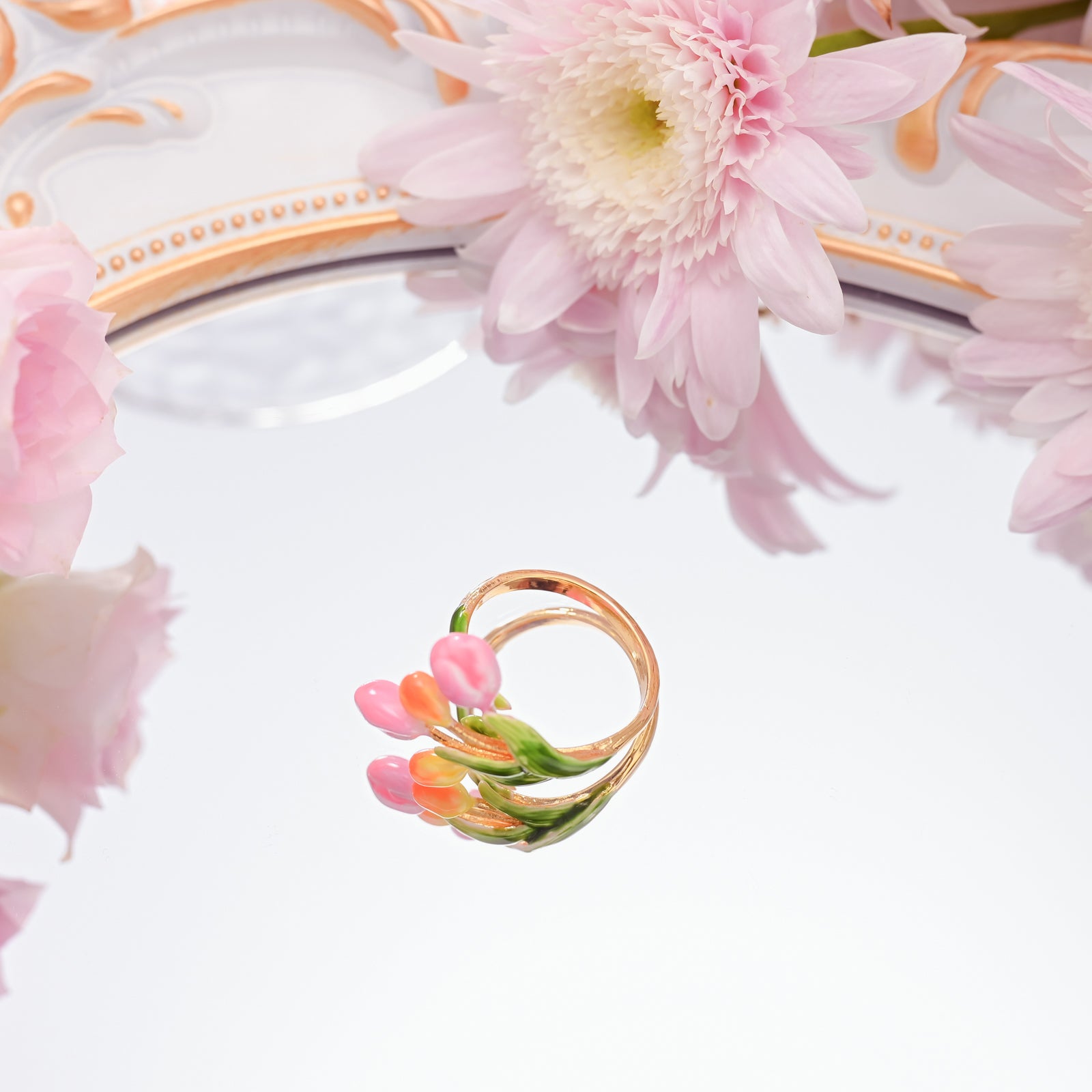 Selenichast Enamel Tulip 18K Gold On Brass Adjustable Open Ring