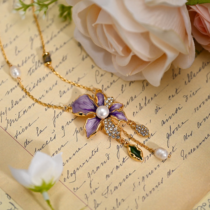 Purple Iris Flower Pearl Necklace