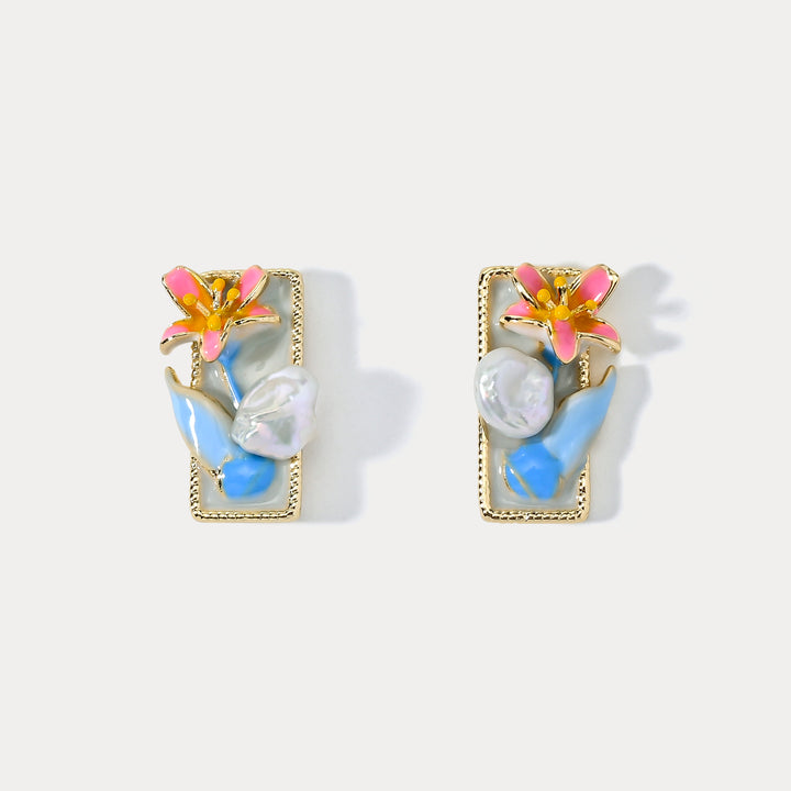 Oil Painting Flower Pearl Earrings