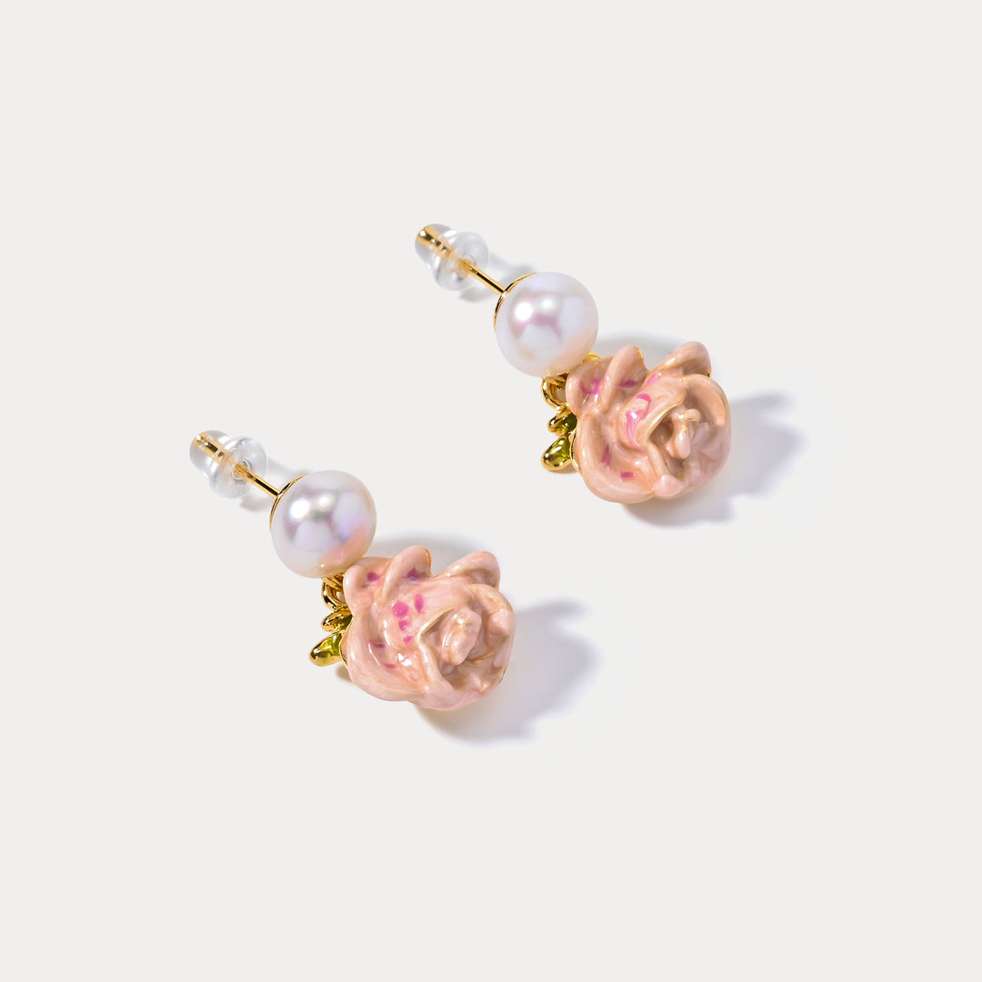 Oil Painting Rose Pearl Earrings