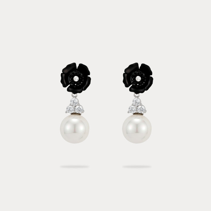 Black Flower Pearl Earrings