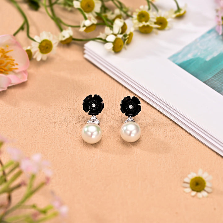 Black Flower Pearl Earrings