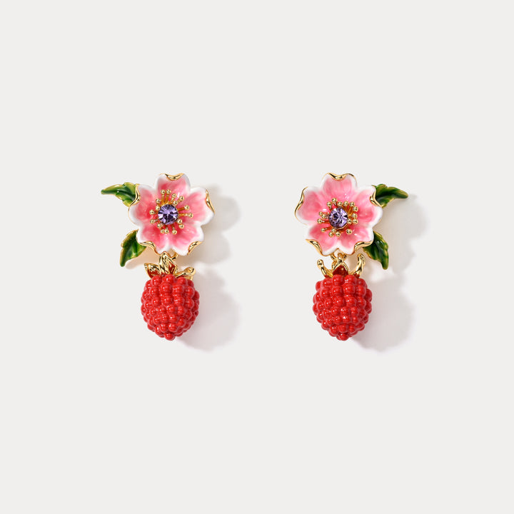 Raspberry Flower Enamel Earrings