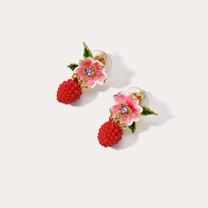 Raspberry Flower Enamel Earrings