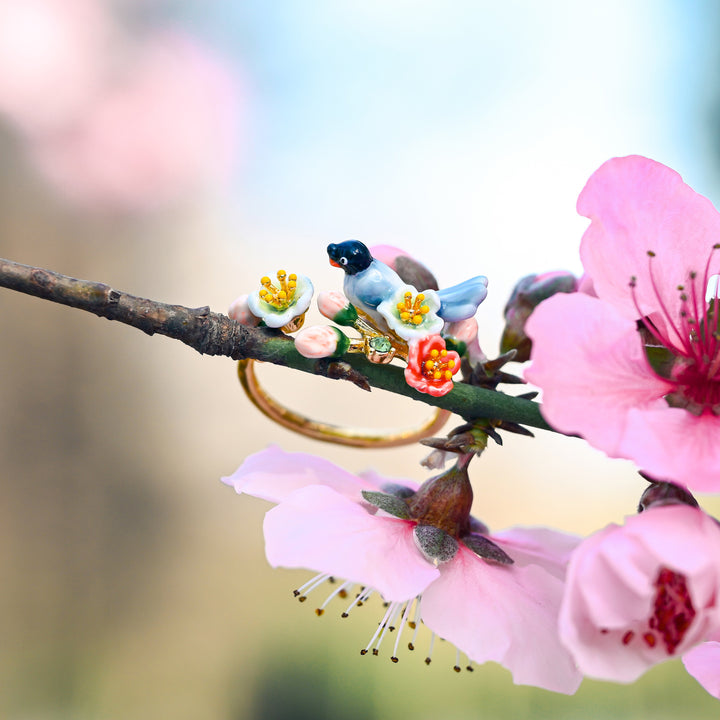 Beautiful Red-billed Blue Magpie Flower Ring