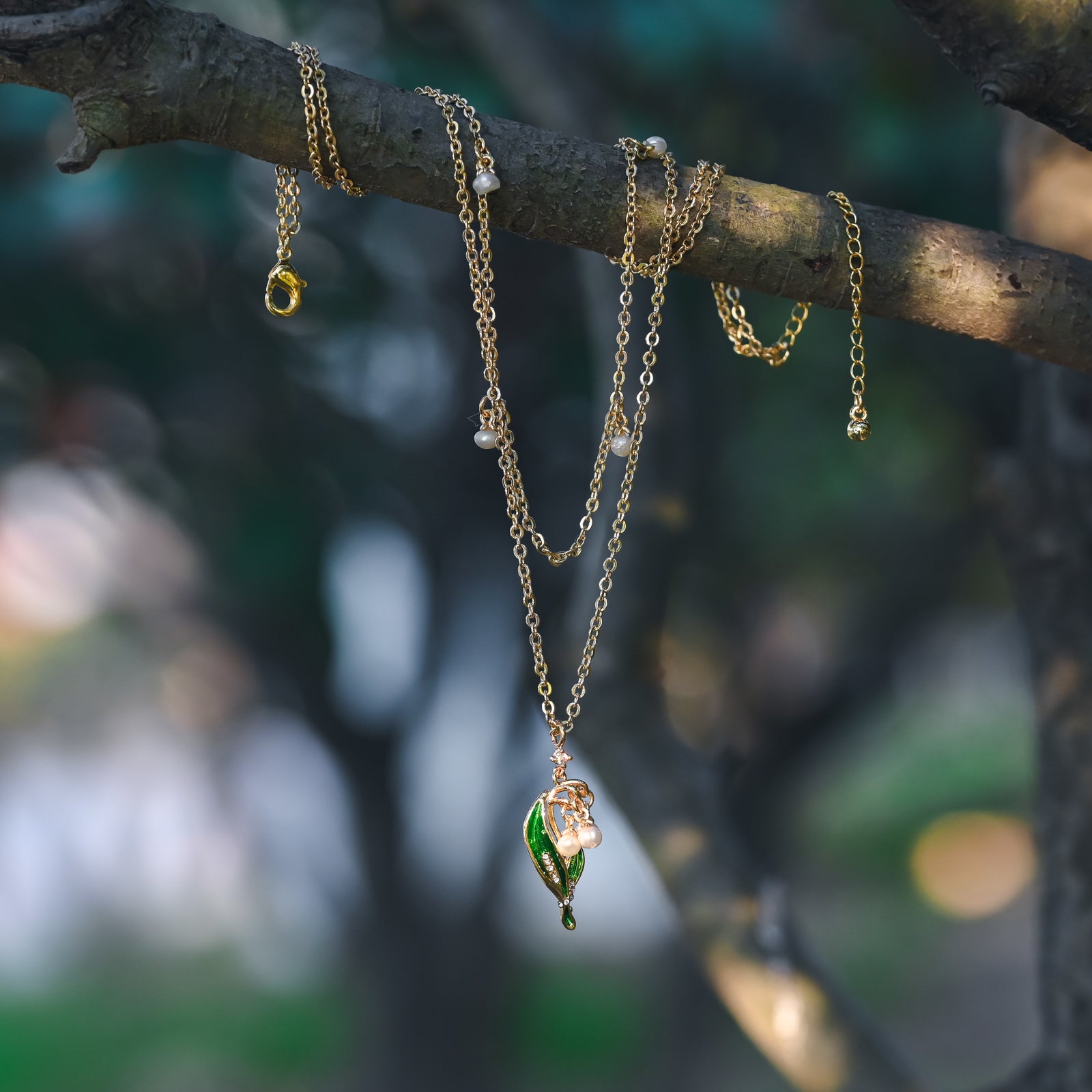 Golden Lily Of The Valley Enamel Necklace