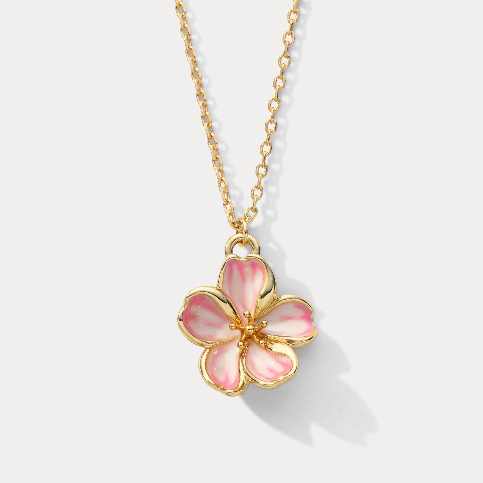Selenichast Enamel Gold Sakura Pendant Necklace Flower Jewelry