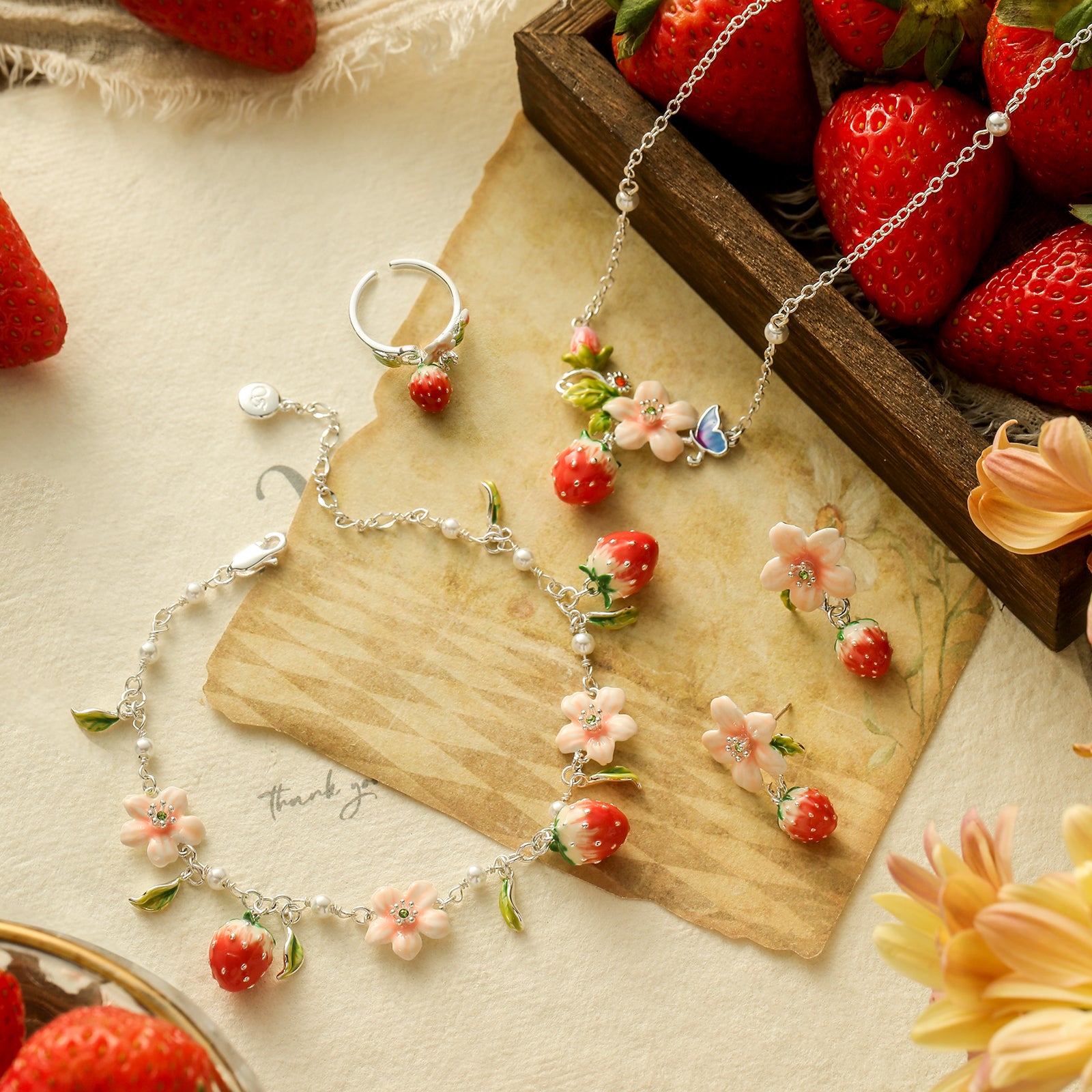 Strawberry Enamel Flower Silver Necklace