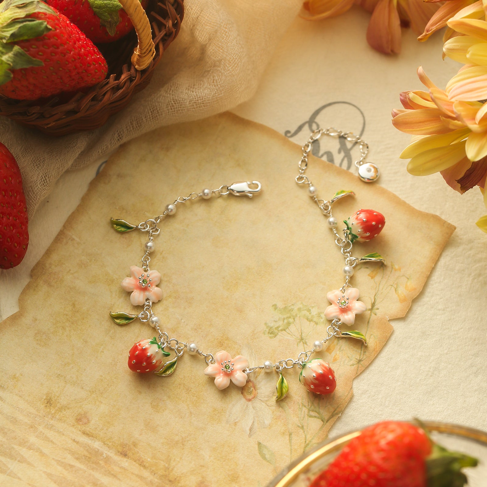 Strawberry Enamel Flower Silver Bracelet