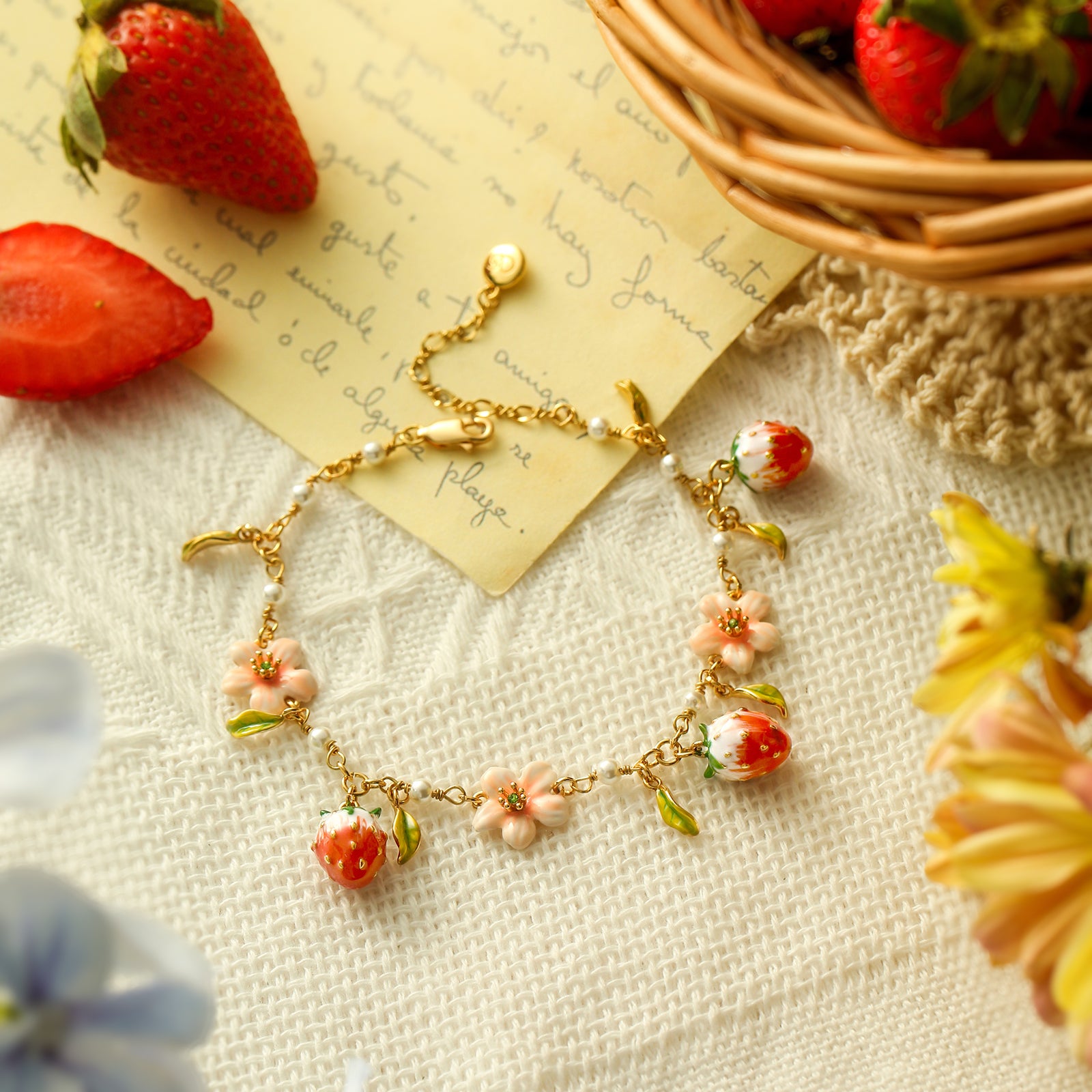 Strawberry Enamel Flower Bracelet