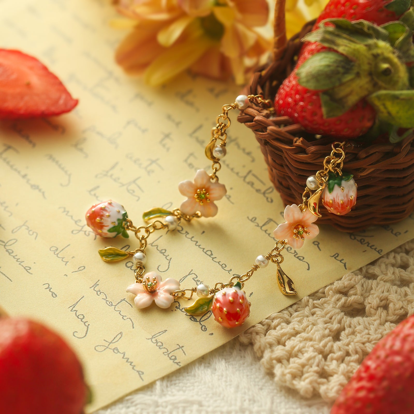 Strawberry Enamel Flower Bracelet
