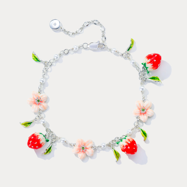 Strawberry Enamel Flower Silver Bracelet