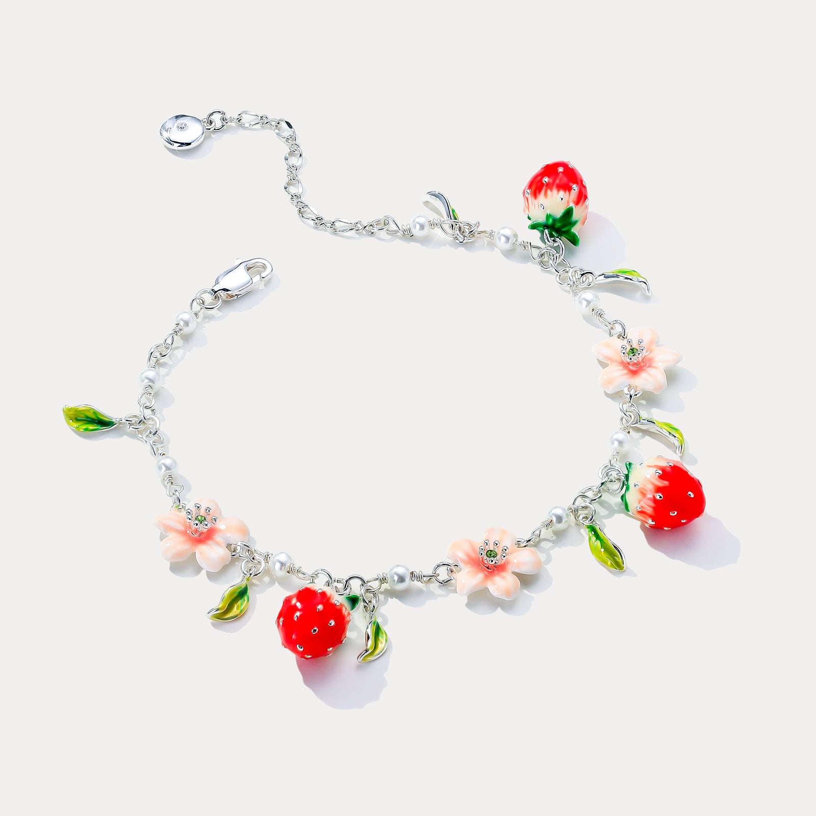 Strawberry Enamel Flower Silver Bracelet