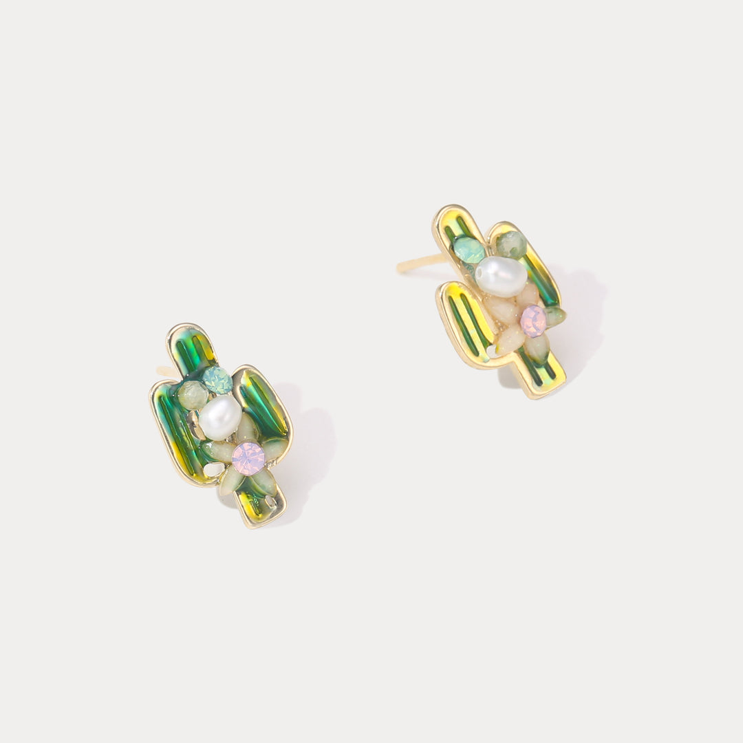 Cactus Stud Earrings with Pearl